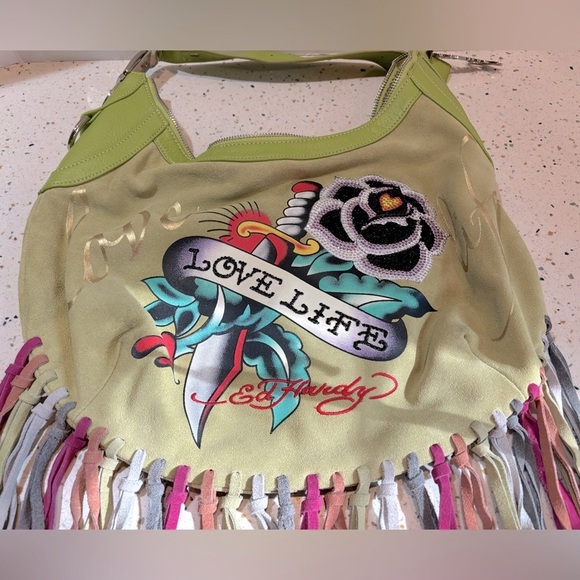 Y2K Ed Hardy LOVE Green Leather‎ Suede Fringe Shoulder Handbag with Crystal Rose - Picture 3 of 15